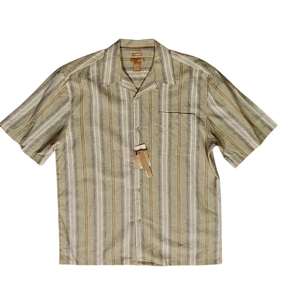 Bruno 100% Washable Linen Short Sleeve Striped Sage Green Button Front Shirt NEW - Picture 1 of 11